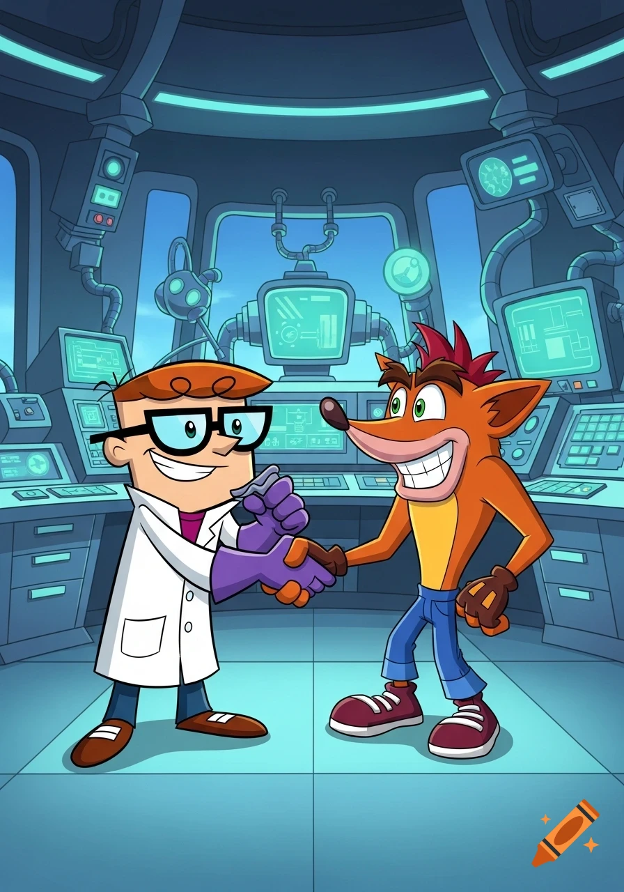 Cartoon characters Dexter from Dexter's Laboratory and Crash Bandicoot shake hands in a futuristic lab.