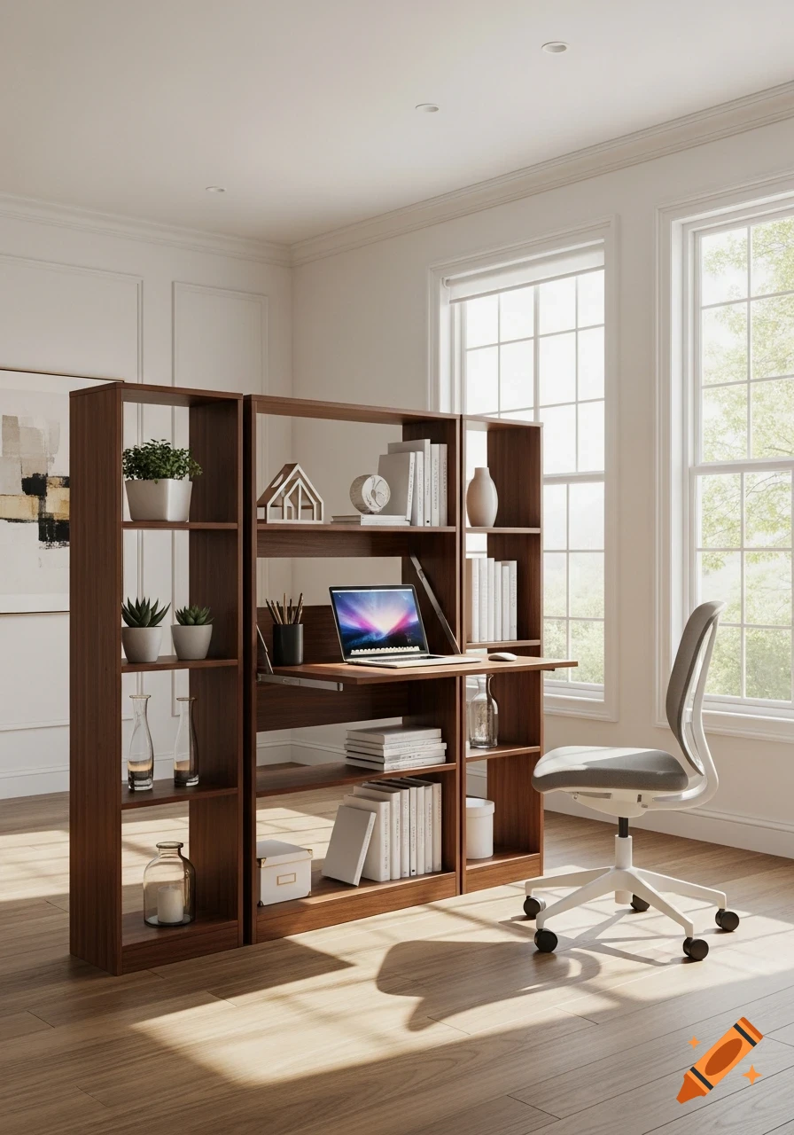 Modern wooden room divider with shelves and a pull-out desk, displaying a laptop, plants, and books, beside a white office chair.