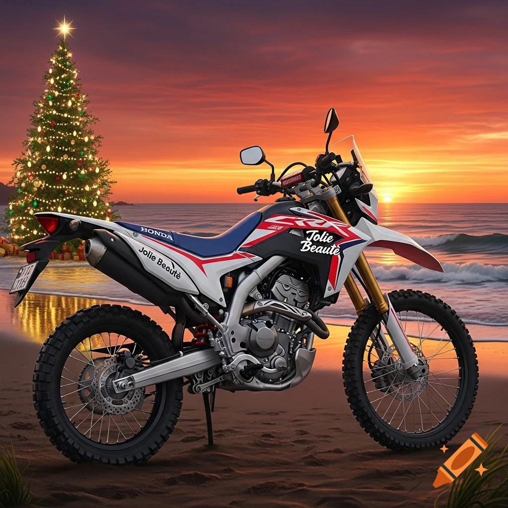 A red, white, and blue Honda dirt bike parked on a sandy beach at sunset, with a decorated Christmas tree nearby.
