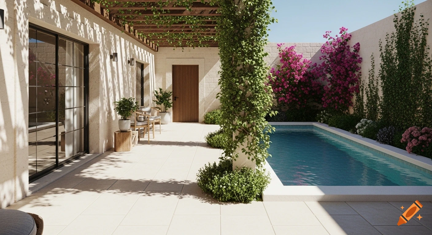 A sunny, photorealistic outdoor patio with a swimming pool, lush green climbing plants, and a wooden pergola.