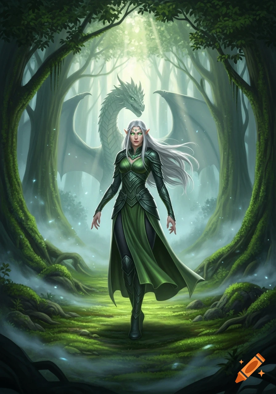 A white-haired elf in green armor stands in a mystical, misty forest with a white dragon behind her.