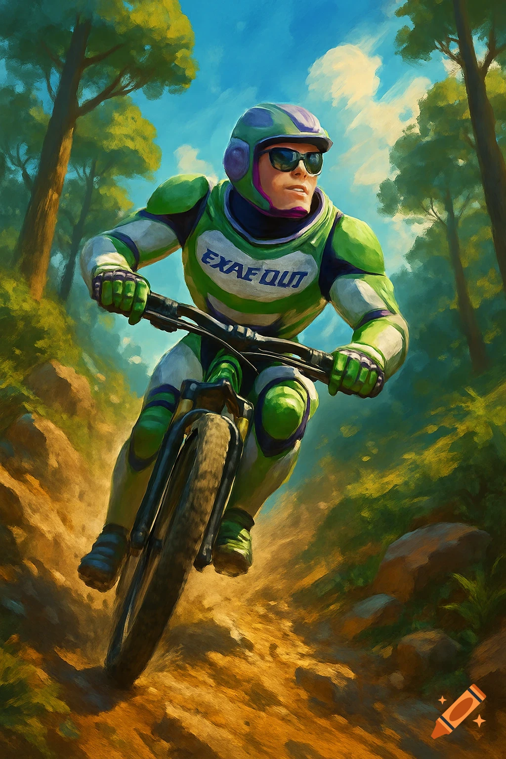 A Buzz Lightyear-like character in a green and purple suit mountain biking up a dirt path in a sunlit forest, in a painterly style.