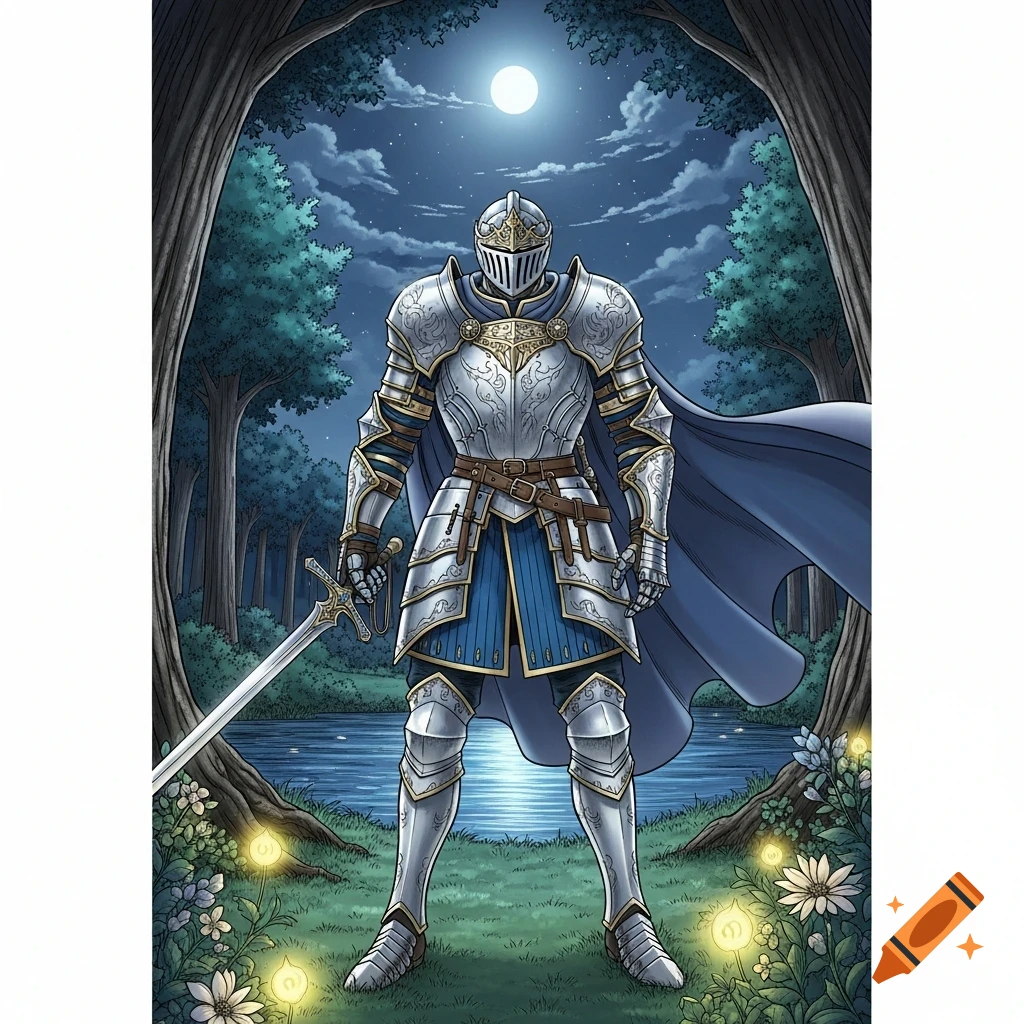 A manga illustration of a knight in ornate silver and blue armor holding a sword, standing in a moonlit forest by a lake.