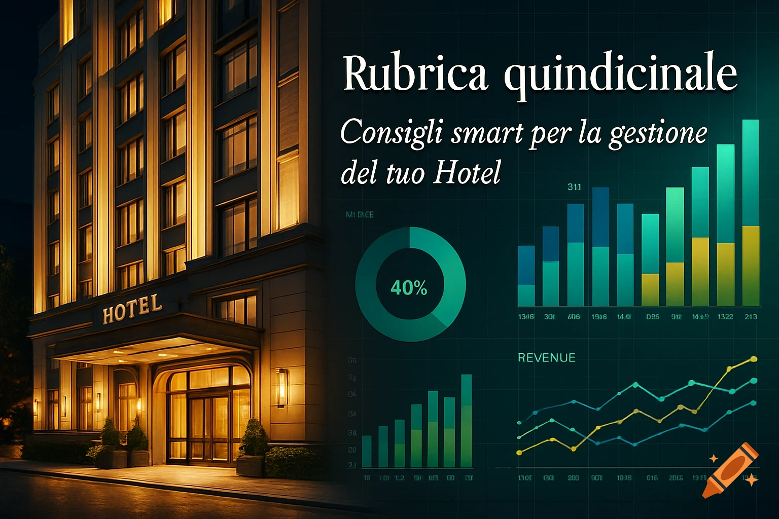 An illuminated hotel building at night alongside various digital business graphs, with text 'Rubrica quindicinale Consigli smart per la gestione del tuo Hotel'.