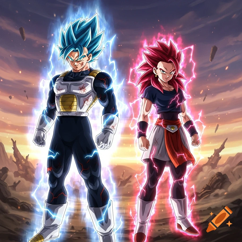 Two powerful anime Saiyan characters, one with blue energy and one with red, stand ready for battle in a desolate landscape.