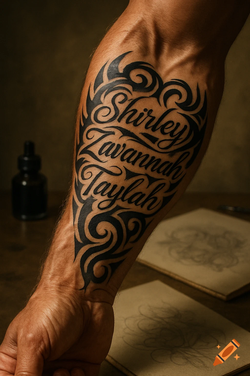 Photorealistic close-up of a man's forearm with a tribal-style tattoo featuring the names Shirley, Zavannah, and Taylah.