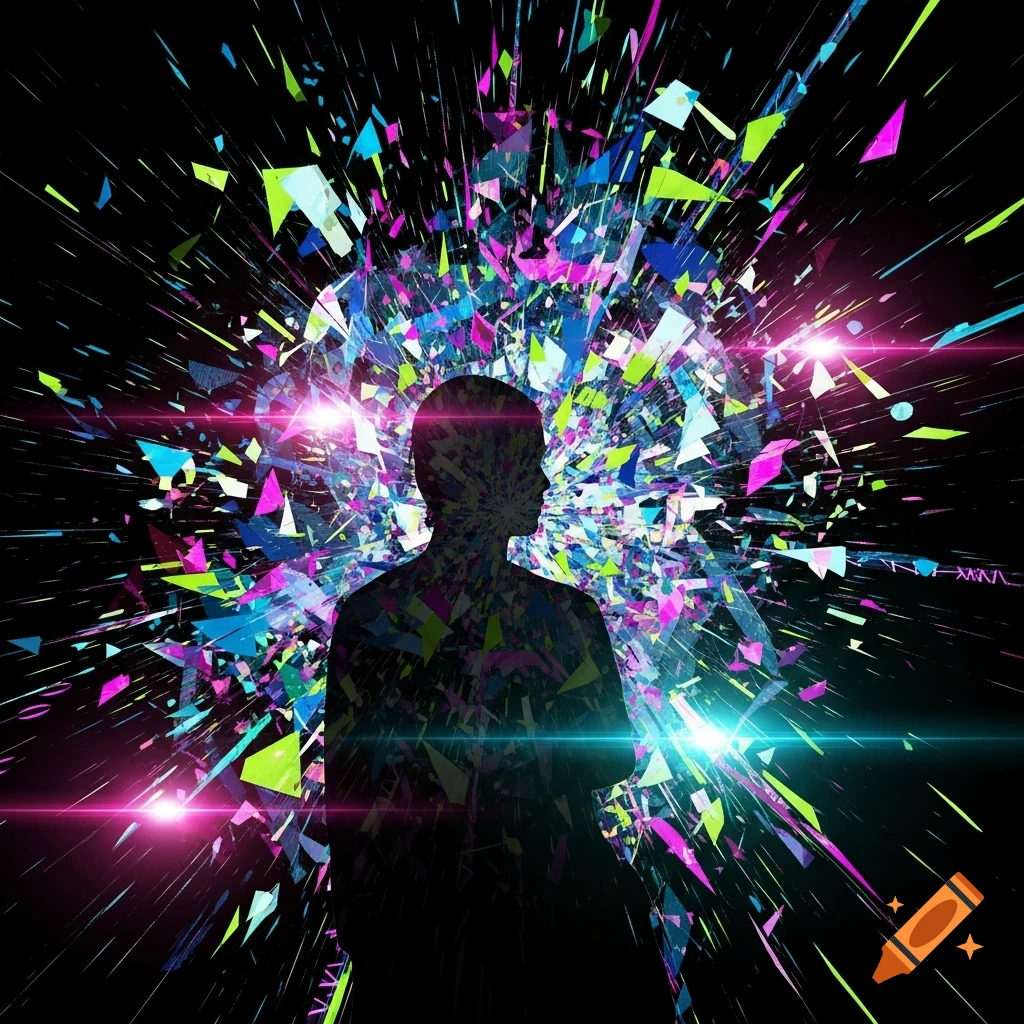 Silhouette of a person standing before a vibrant explosion of colorful geometric shards against a black background.