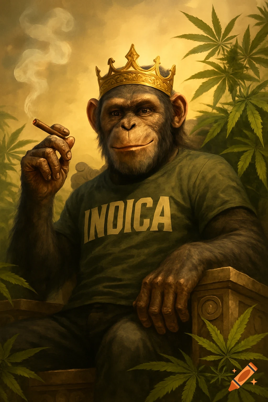 A photorealistic chimpanzee king wearing a gold crown and green shirt with 'INDICA', smoking a cigar amidst cannabis leaves.