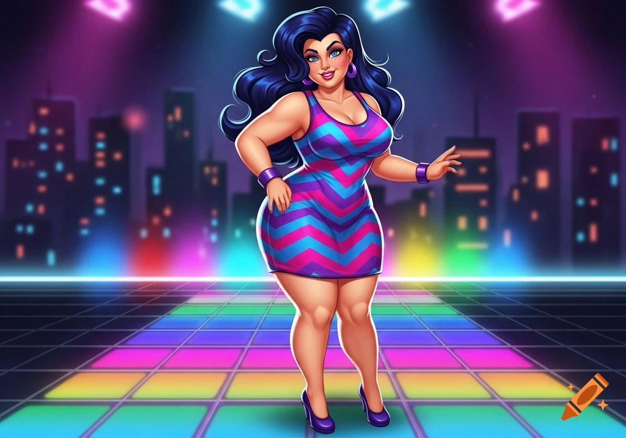 A curvy cartoon woman with dark blue hair and a striped pink and blue dress stands on a glowing disco floor with a city skyline behind her.