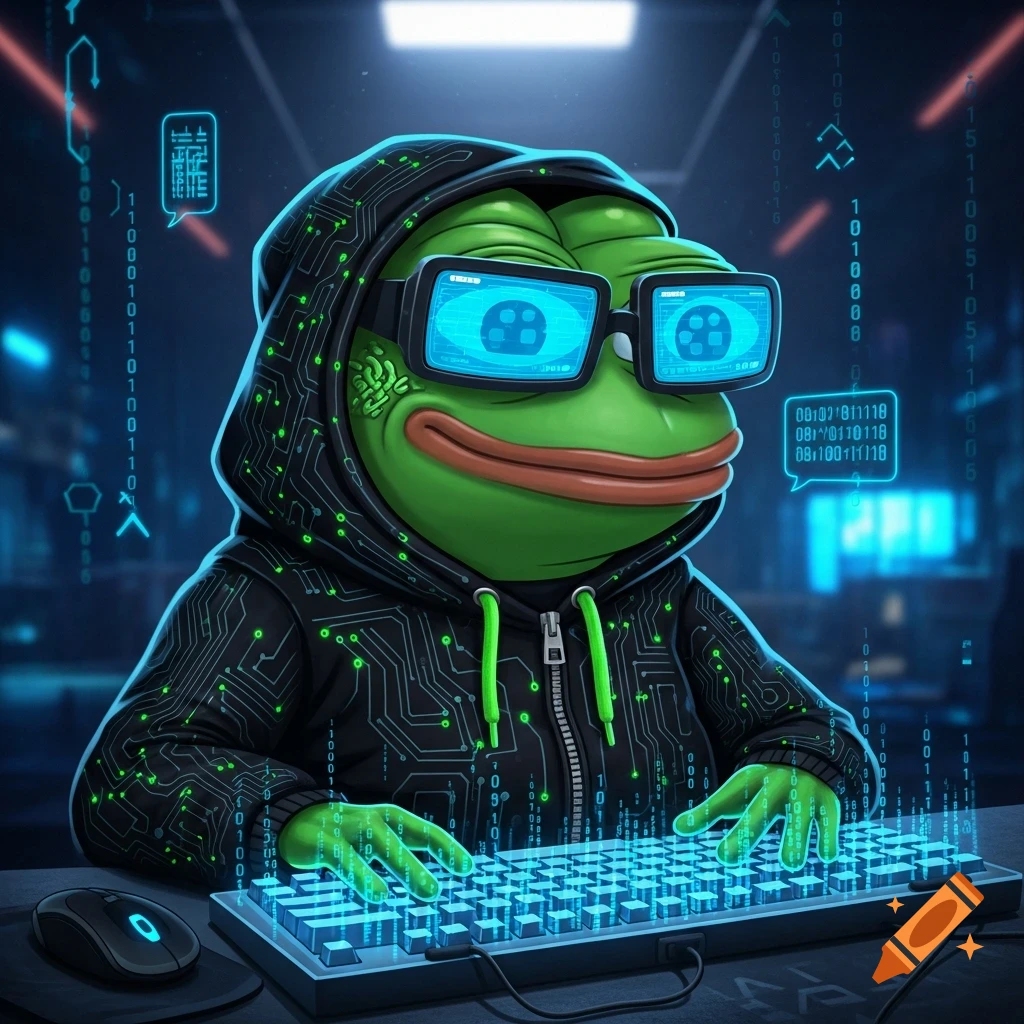 A cartoon green frog, Pepe, wears a black hoodie with circuit patterns and glowing blue hacker glasses, typing on a futuristic keyboard with binary code floating around.