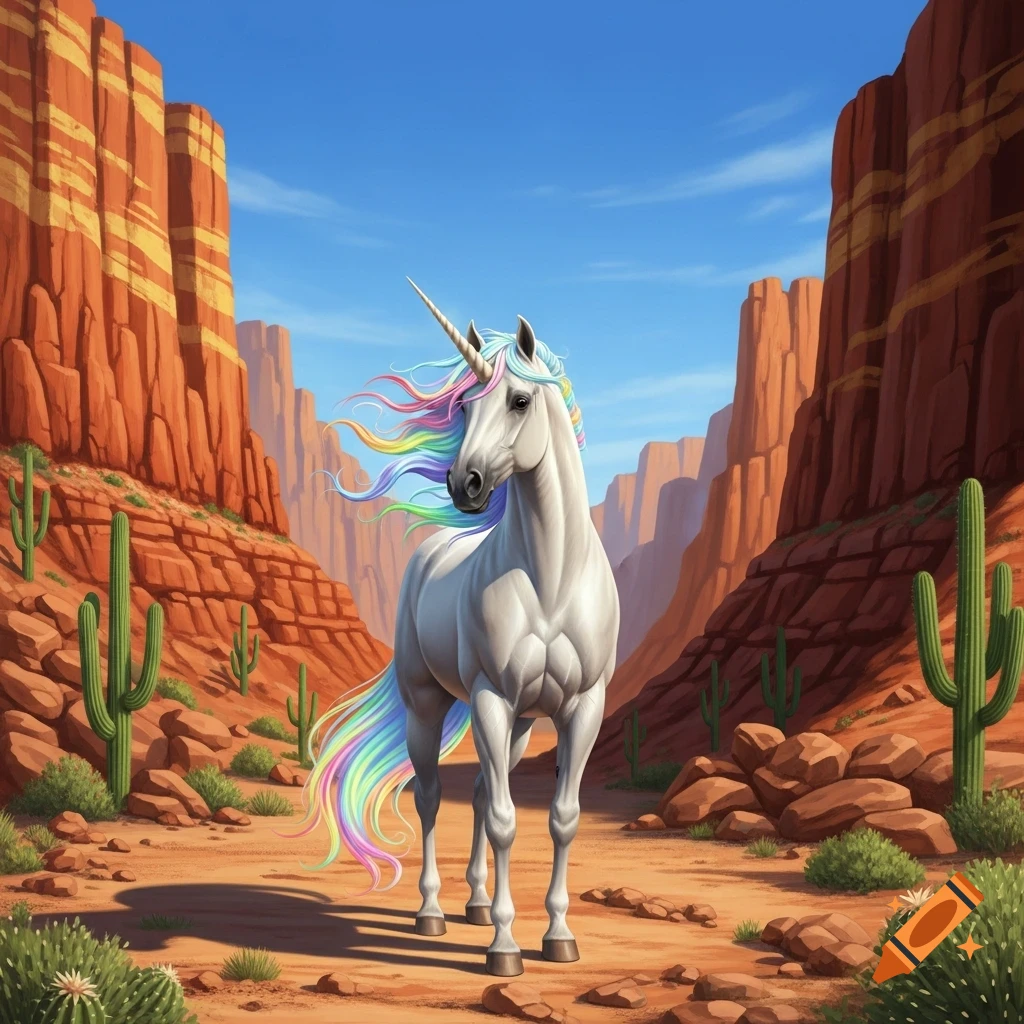 A white unicorn with a flowing rainbow mane and tail stands in a ...