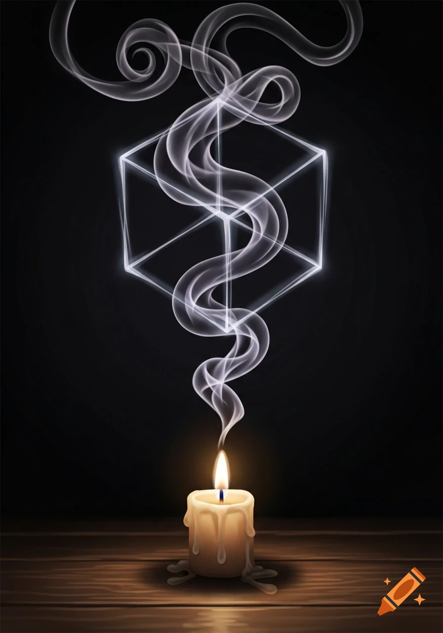 A burning candle on a wooden surface, its smoke forming a glowing, ethereal cube shape against a dark background.