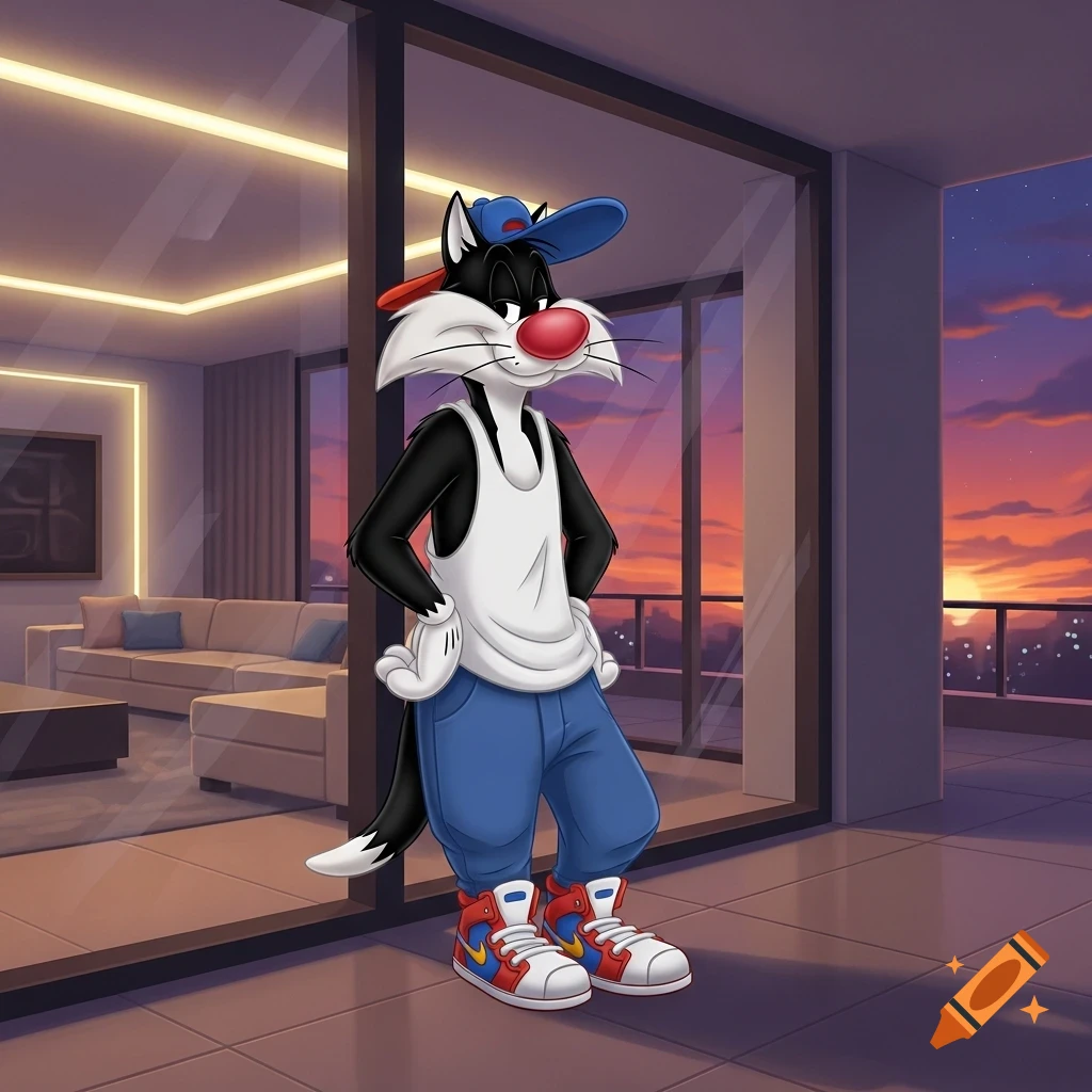 Sylvester the Cat in a white tank top, blue pants, and red and white sneakers, standing in a luxury living room at sunset.