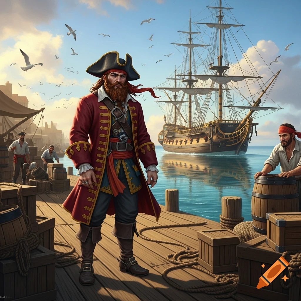 A rugged pirate captain in a red coat stands on a wooden dock with a large 17th-century sailing frigate in the background.