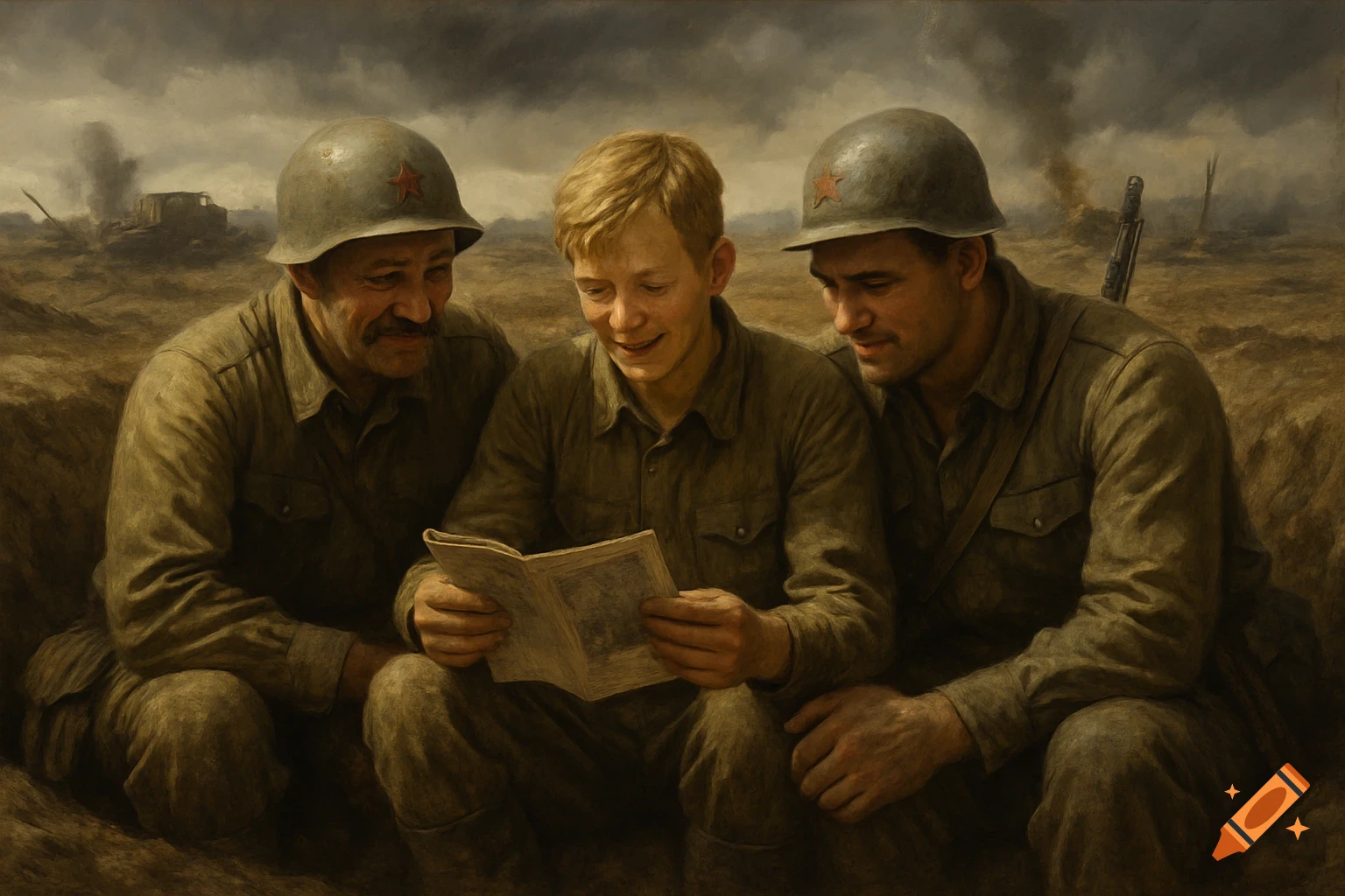 Three Red Army soldiers in a trench, one young with blond hair, holding a newspaper, while two older soldiers read along, a destroyed landscape in the background.