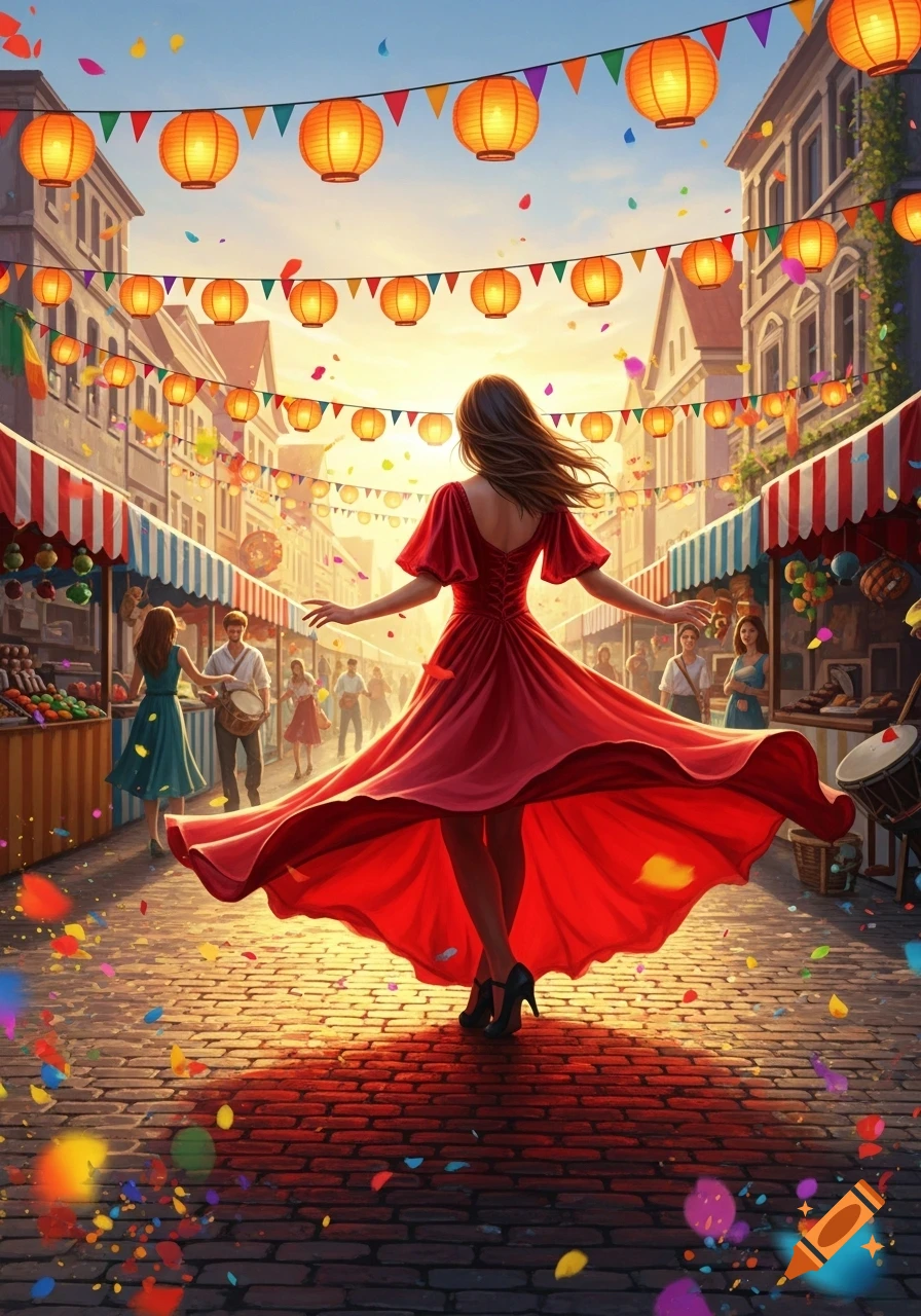 Woman in a flowing red dress dancing in a festive street market decorated with lanterns and colorful confetti.