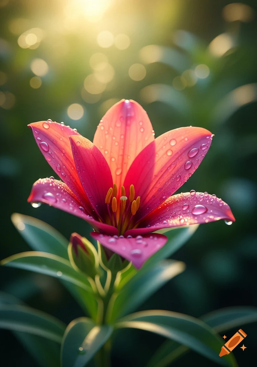 A vibrant pink lily flower with water droplets on its petals, glowing in warm sunlight against a soft, blurred green background.