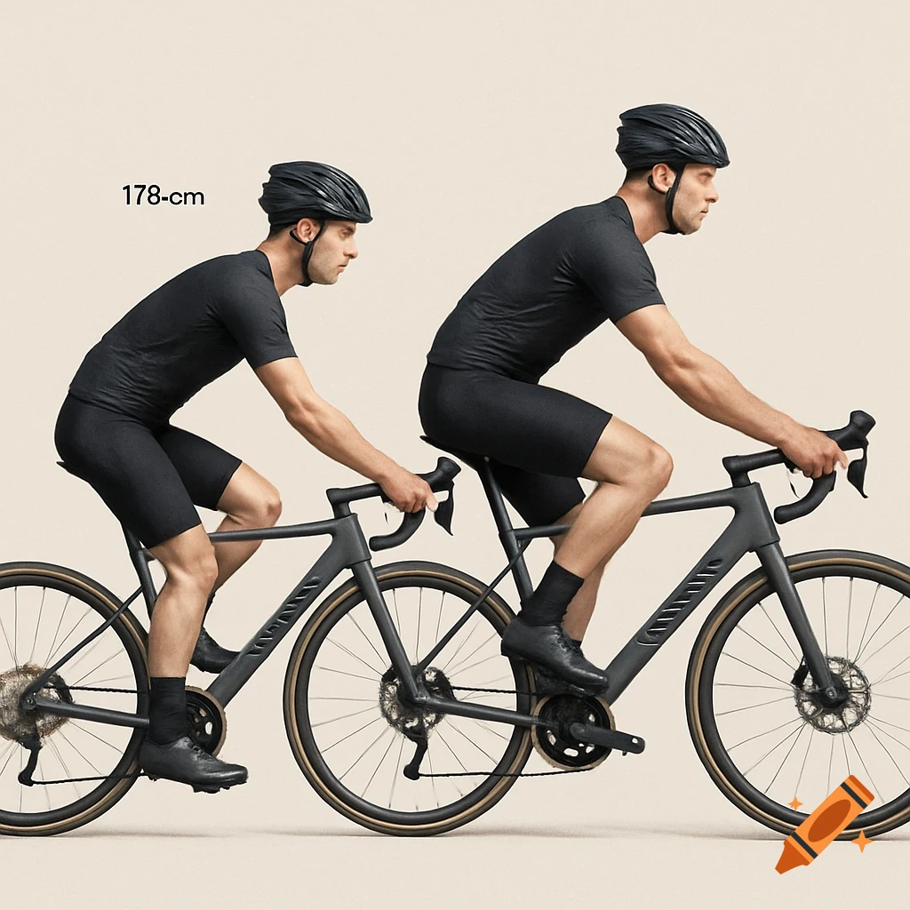 Two men in black cycling gear ride Canyon bikes side by side against a neutral background, one labeled 178-cm.