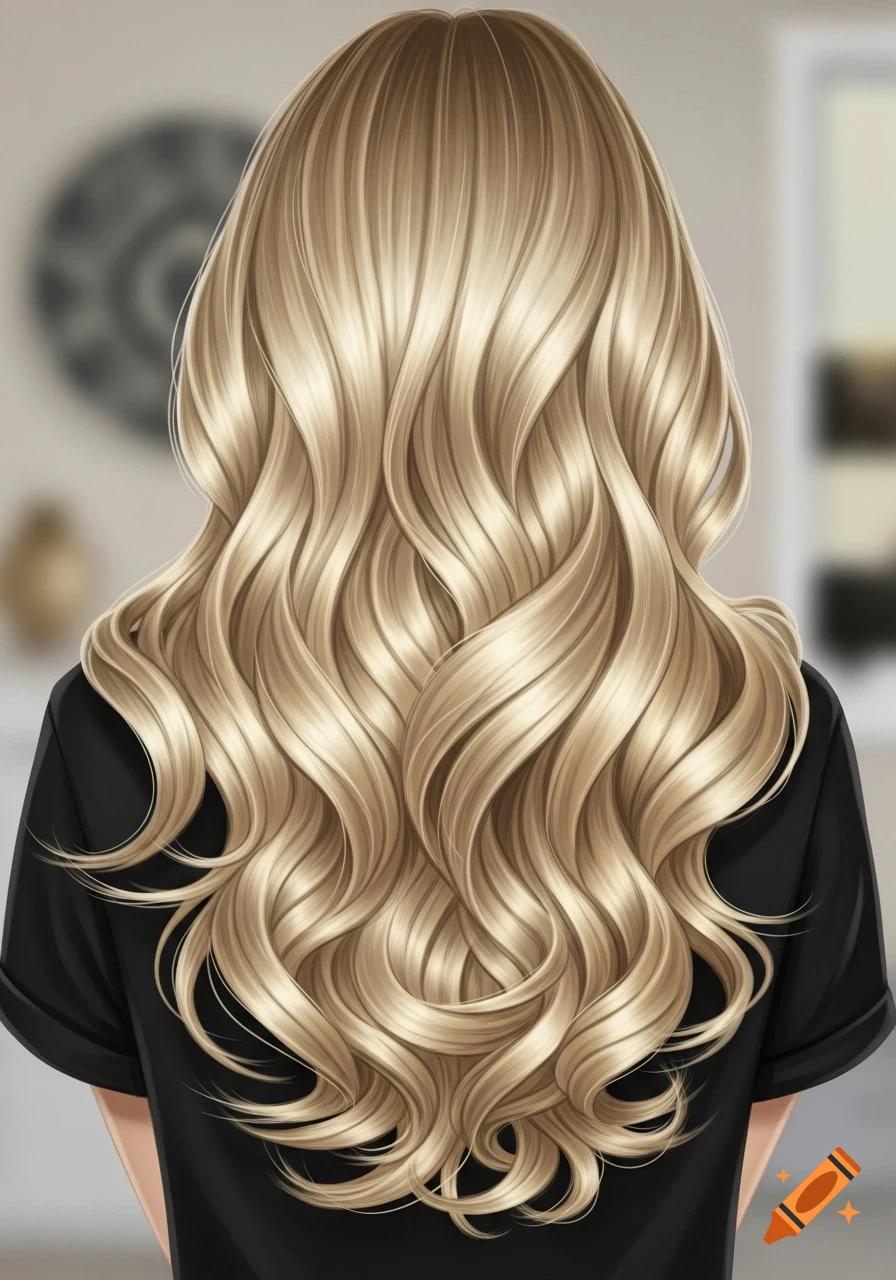 Illustration of a person seen from behind, with long, shiny blonde wavy hair cascading down their back over a black shirt.
