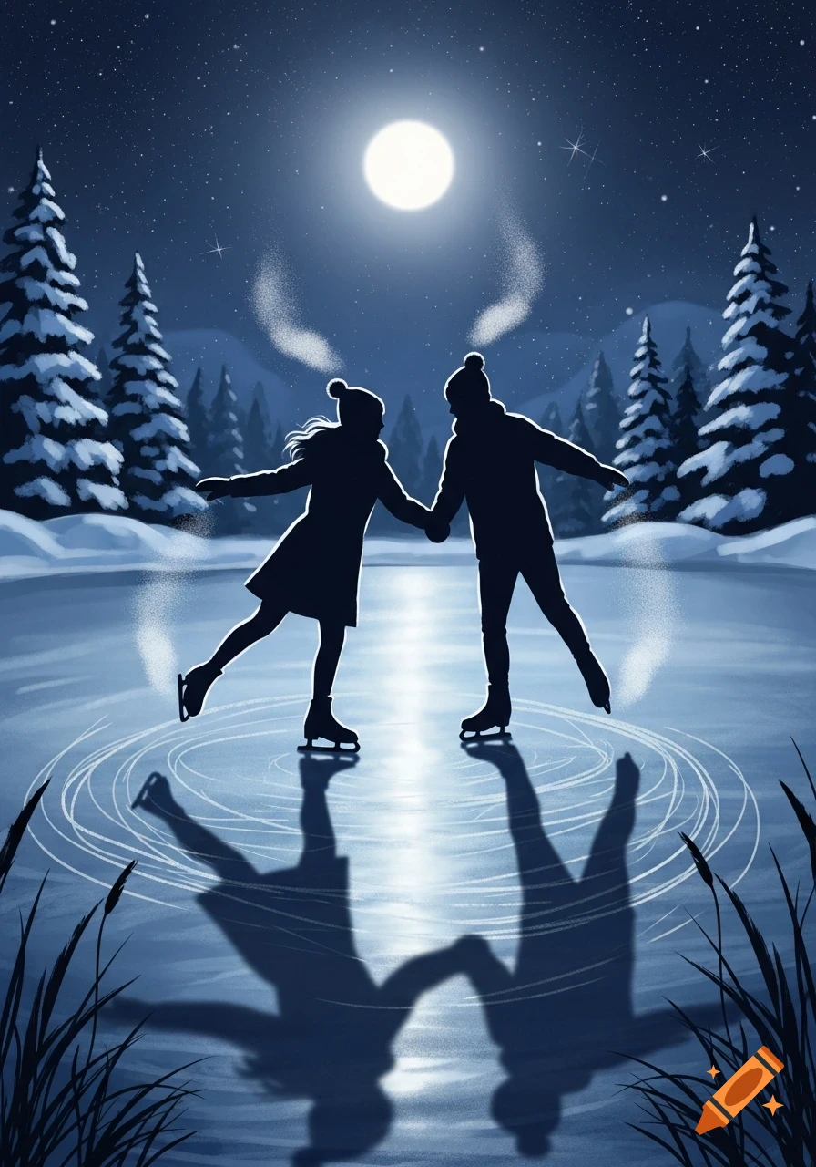 Two silhouetted figures ice skate hand-in-hand on a frozen lake at night under a full moon with snowy trees, in an illustrative style.