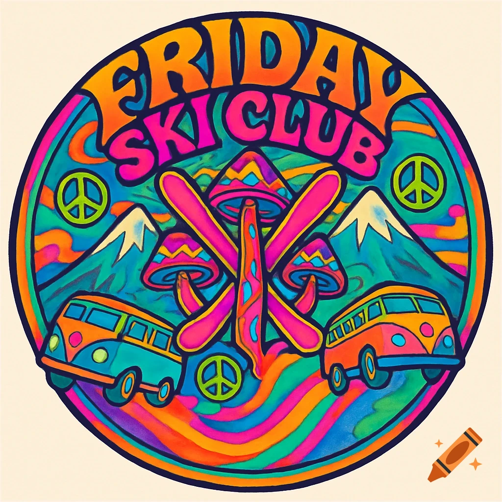 Psychedelic circular logo for 'Friday Ski Club' with mountains, skis, mushrooms, peace signs, and two VW vans in vibrant colors.
