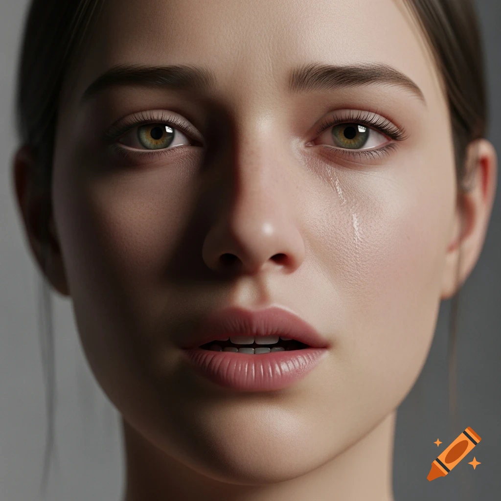 Close-up photorealistic portrait of a young woman with a tear running down her cheek, showing emotion.