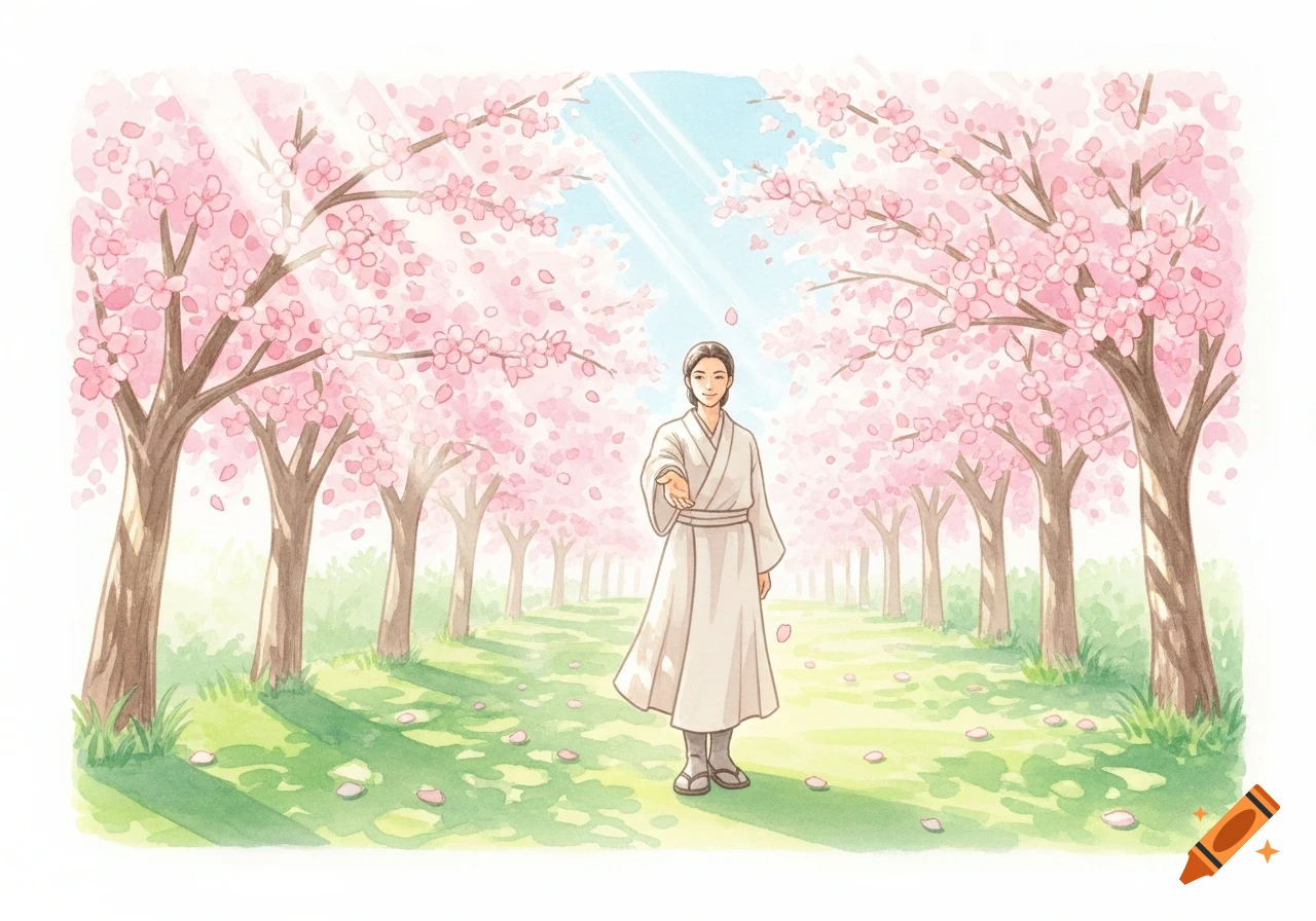 A person in a white robe stands in a cherry blossom alley, extending a hand forward, in a watercolor style.