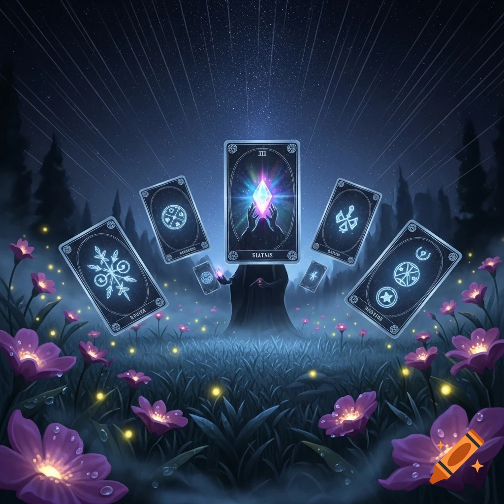 A dark, magical night scene with a robed figure casting a spell with floating tarot cards and a glowing crystal amidst purple flowers and fireflies.