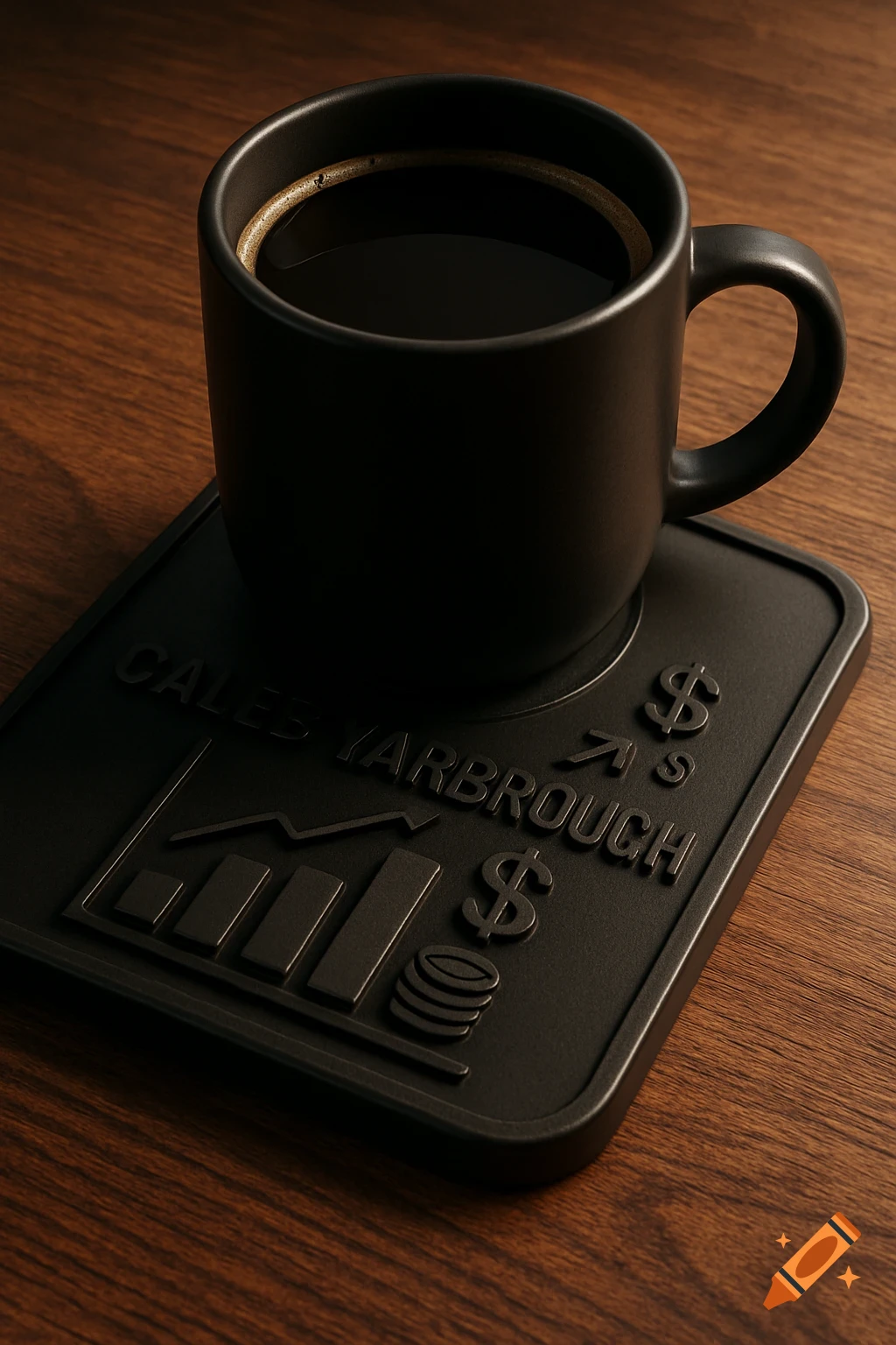 Photorealistic render of a black coffee mug on a black coaster with raised text "CALES YARBROUGH", a bar graph, and financial symbols, on a wooden table.