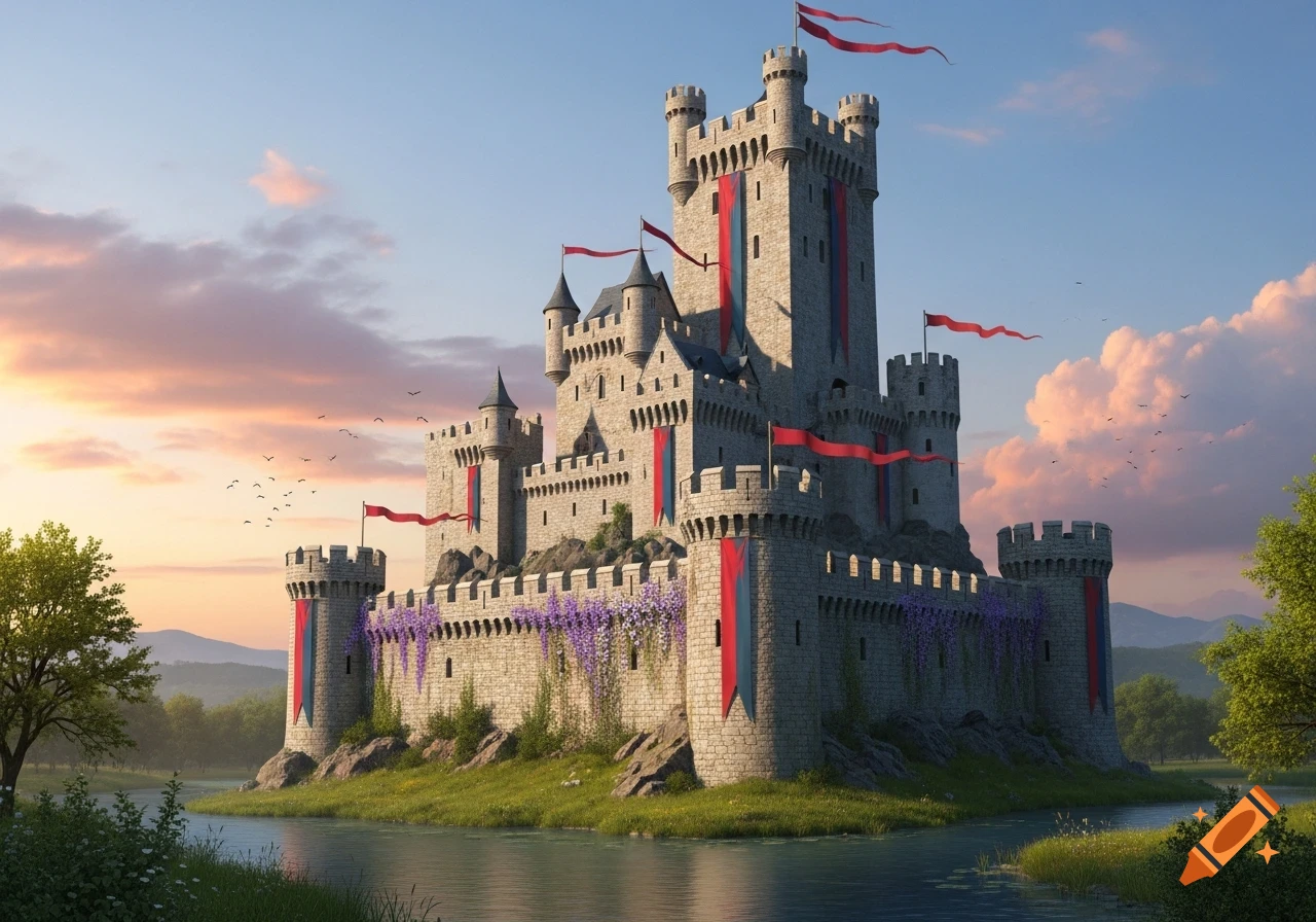 A majestic stone castle with red banners on an island, surrounded by water and green landscape under a pastel sunset sky.