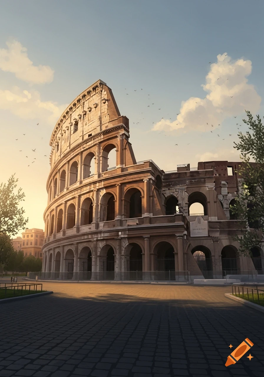 An artistic depiction of the ancient Roman Colosseum, bathed in warm sunset light with birds flying in the sky.