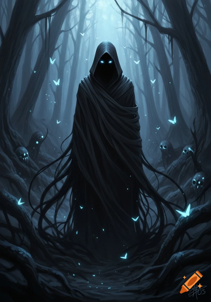A cloaked, shadowy figure with glowing eyes stands in a dark, ethereal forest with glowing butterflies and eerie skull-like forms.