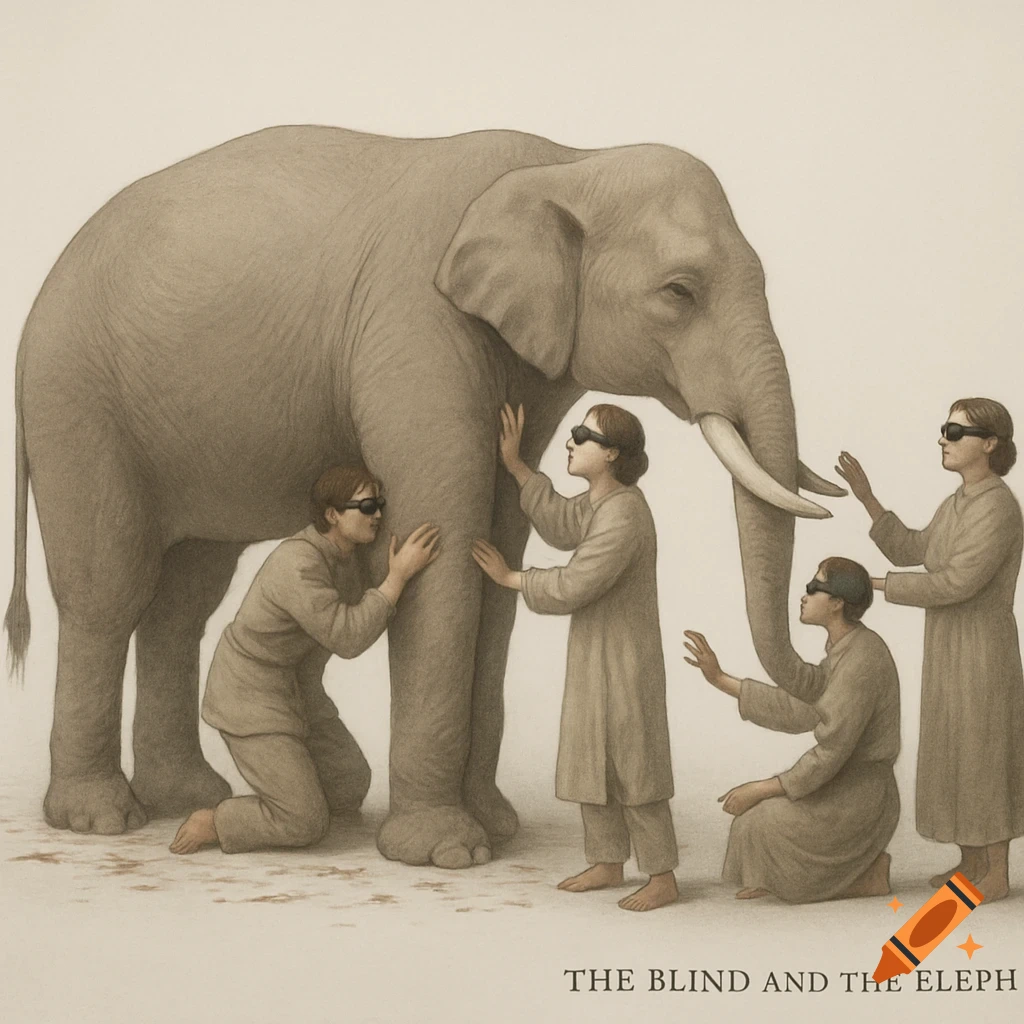 An illustration in a muted color palette depicts four blindfolded people touching different parts of a large elephant, with text at the bottom.