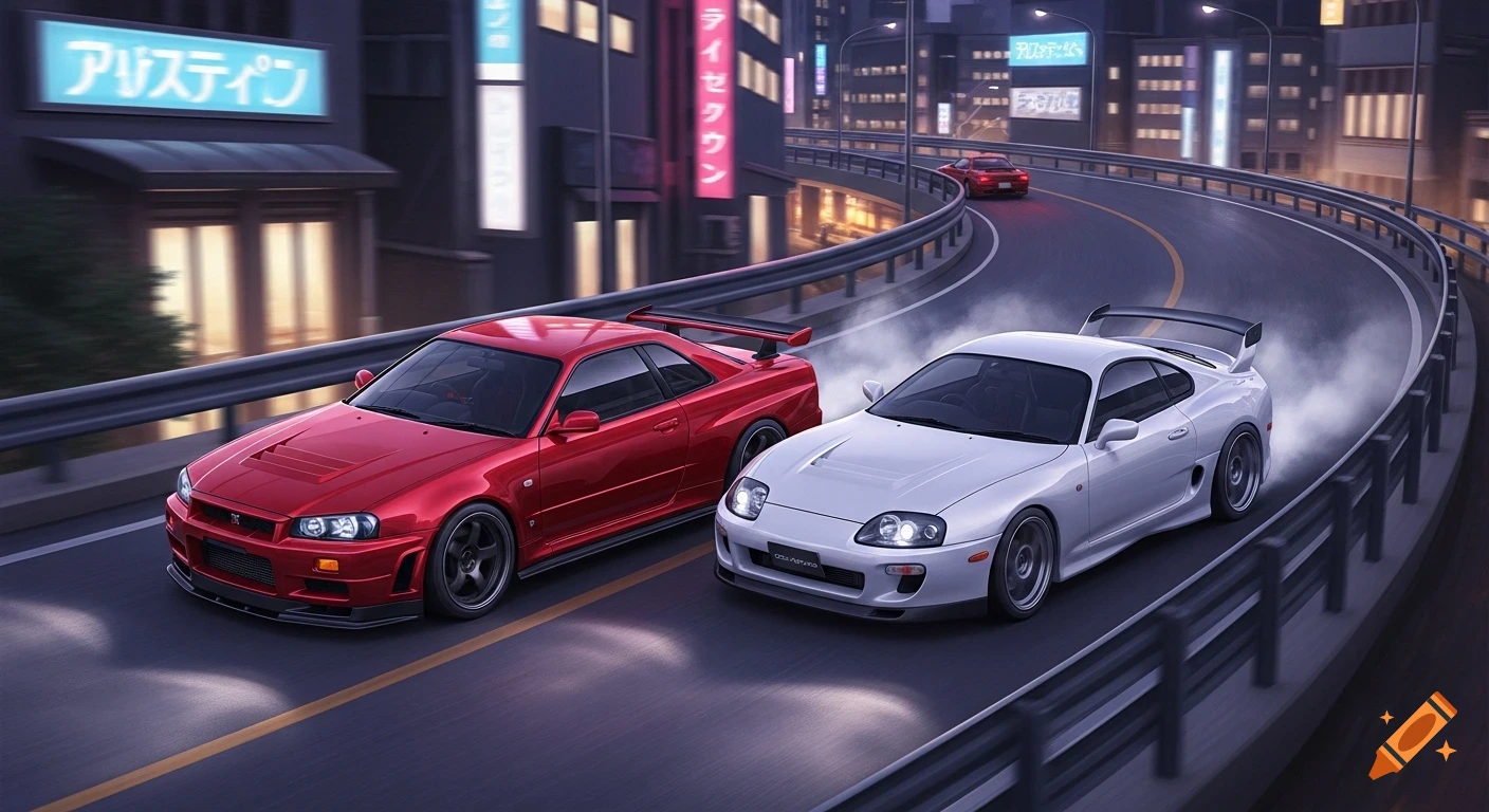 A red Nissan R34 and a white Toyota Supra race side by side on a winding Japanese city road at night.