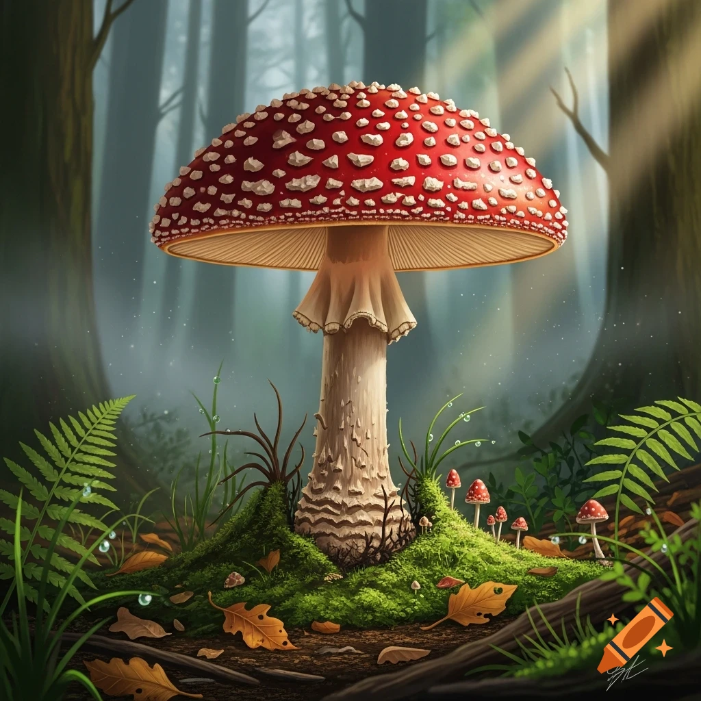 A large red and white mushroom on a mossy forest floor with ferns and leaves, smaller mushrooms, and misty trees with sunlight.