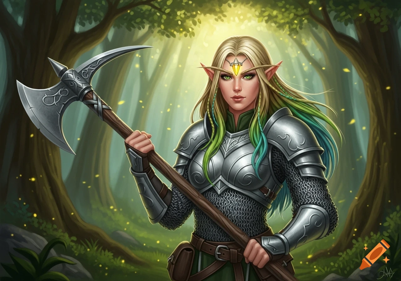 A blonde female elf warrior in silver chain mail and plate armor, holding a war pick, stands in a magical forest with glowing leaves.