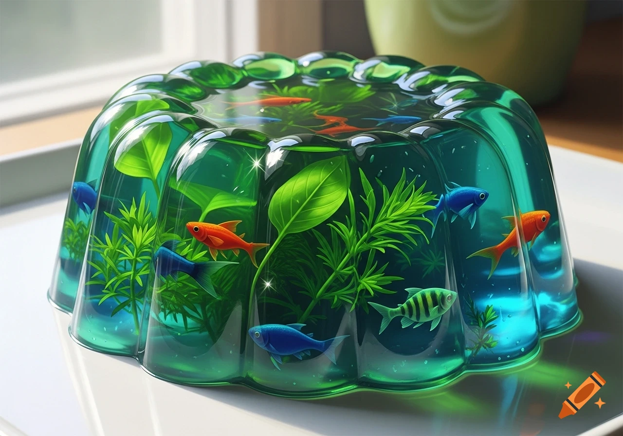 A vibrant green jello mold filled with colorful fish and aquatic plants, resembling an aquarium.