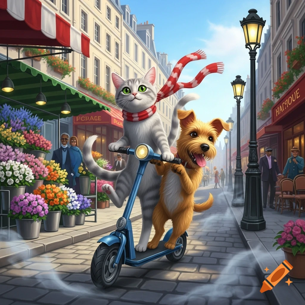 A cartoon gray tabby cat and a brown dog ride a blue scooter down a bustling city street lined with shops and flowers.