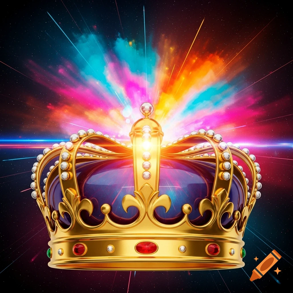 A golden jeweled crown with a purple interior, set against a vibrant, colorful explosion of light and stars in a dark sky.