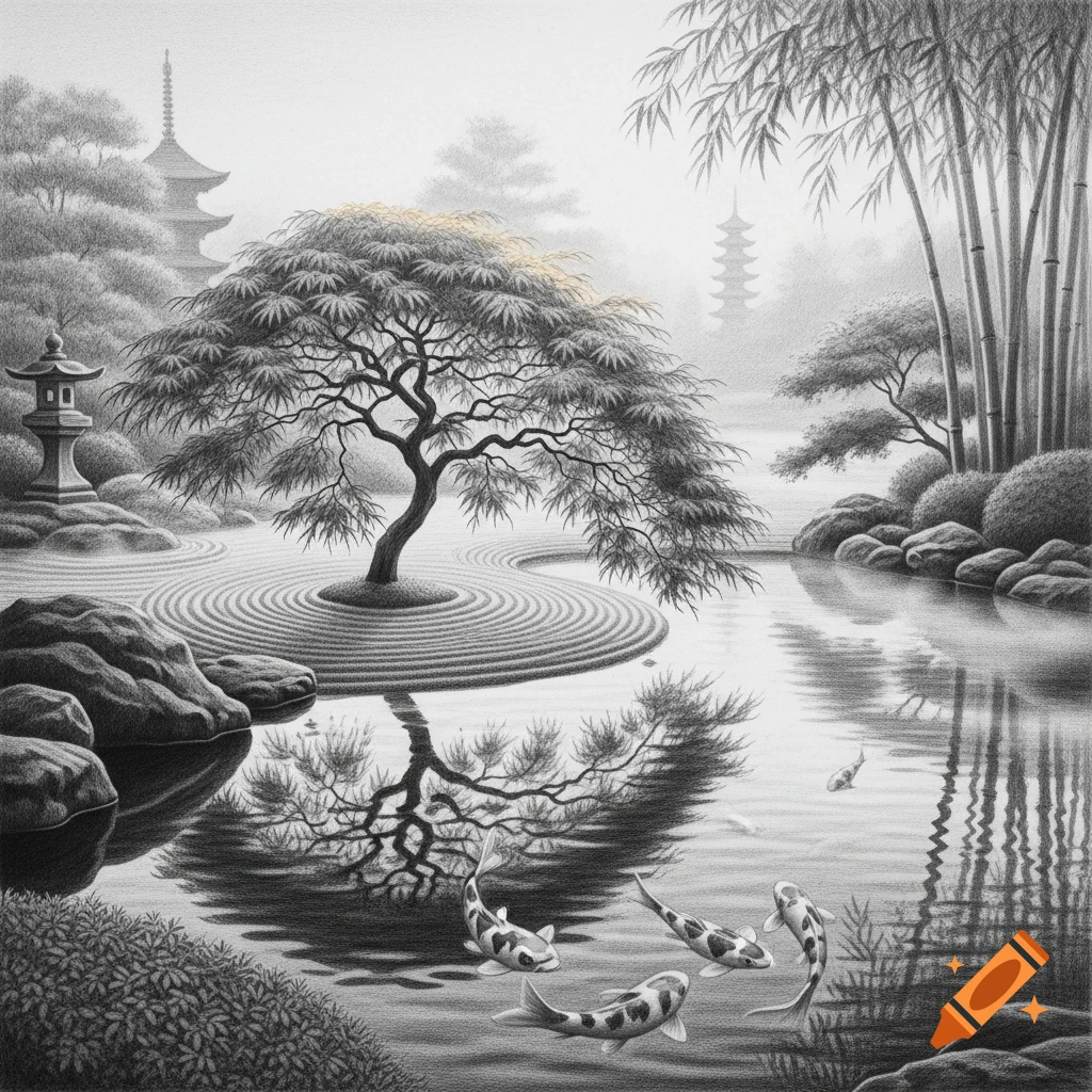 Monochrome pencil drawing of a serene Japanese garden with a central tree, raked zen garden, pond with koi fish, bamboo, and pagodas.