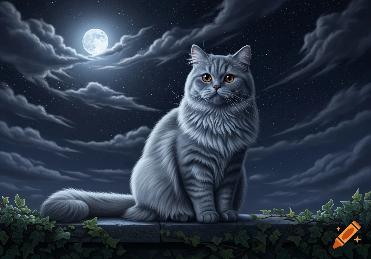 A fluffy grey cat with orange eyes sits on a stone wall under a full moon and dramatic cloudy night sky, with ivy.