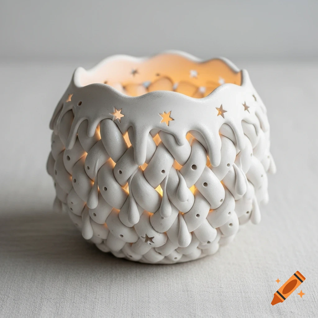 A close-up of a round white ceramic votive holder with a textured, braided surface, melted snow-like top edge, and cut-out stars emitting a warm glow.