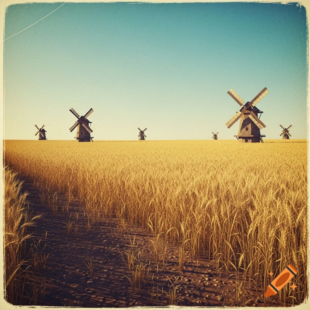 A vast golden wheat field stretches under a blue sky, dotted with several traditional wooden windmills, in a retro vintage style.