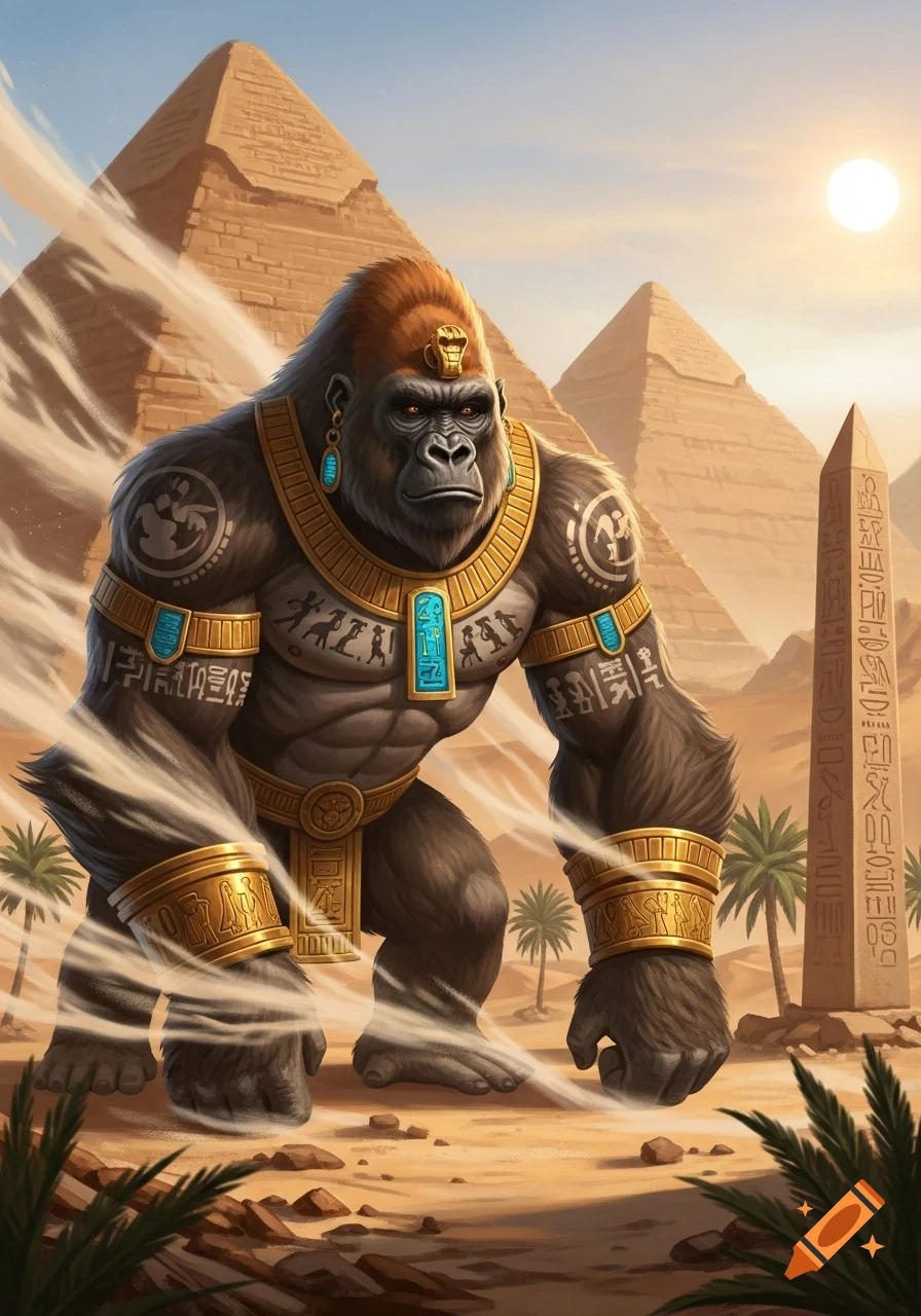 A powerful gorilla adorned in gold and turquoise Egyptian armor stands in a desert with pyramids and an obelisk under a bright sun.
