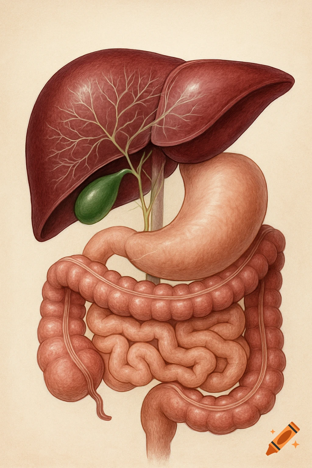 Detailed scientific illustration of the human digestive system, showing the liver, gallbladder, stomach, and intestines.