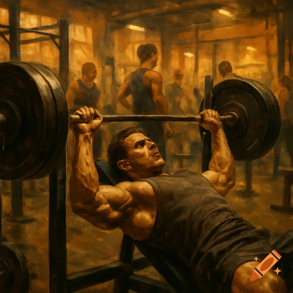 A man bench-pressing a barbell in a busy, warm-toned gym, depicted in an artistic, painterly style.