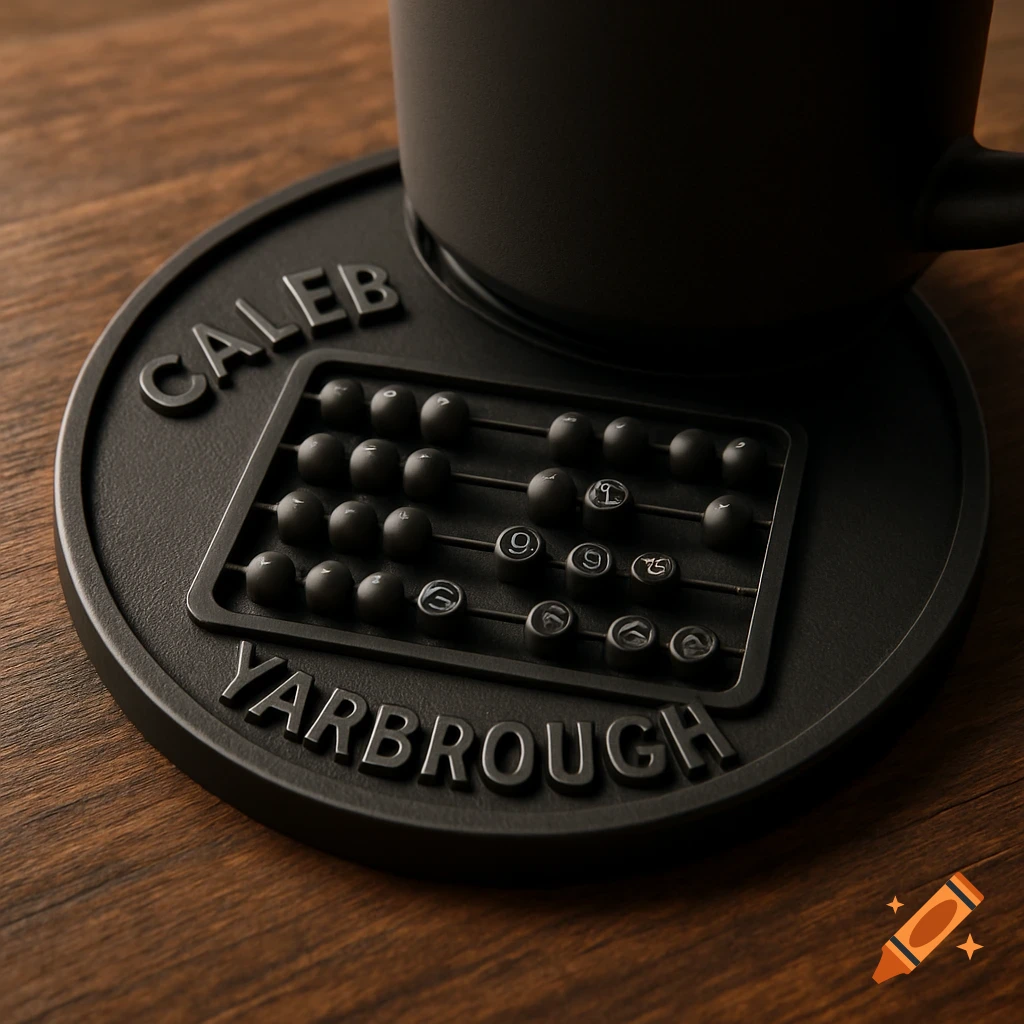 Black circular drink coaster with 'Caleb Yarbrough' in raised letters and a miniature abacus design, holding a coffee mug on a wooden table.