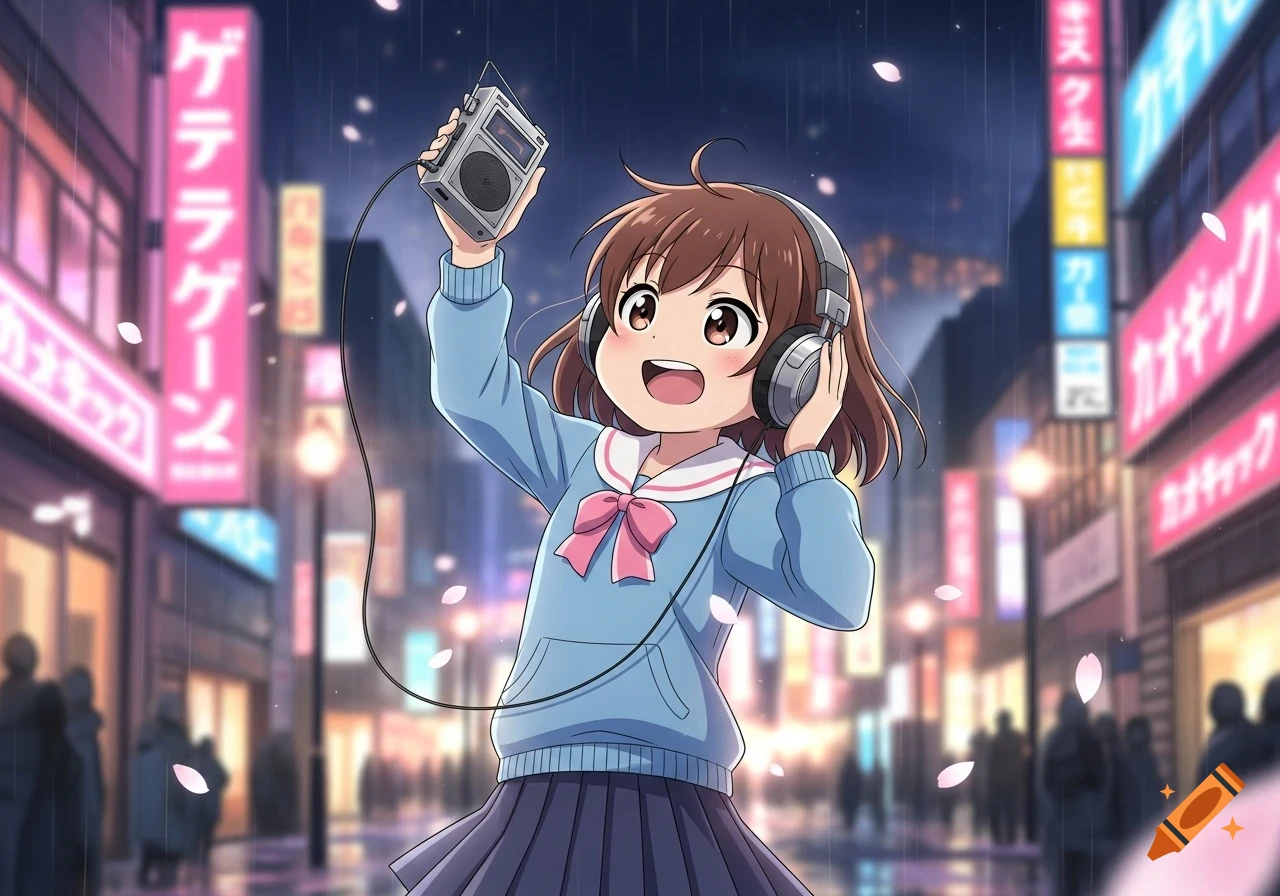 An excited anime girl with headphones and a walkman held overhead, smiling on a rainy city street at night with neon signs.