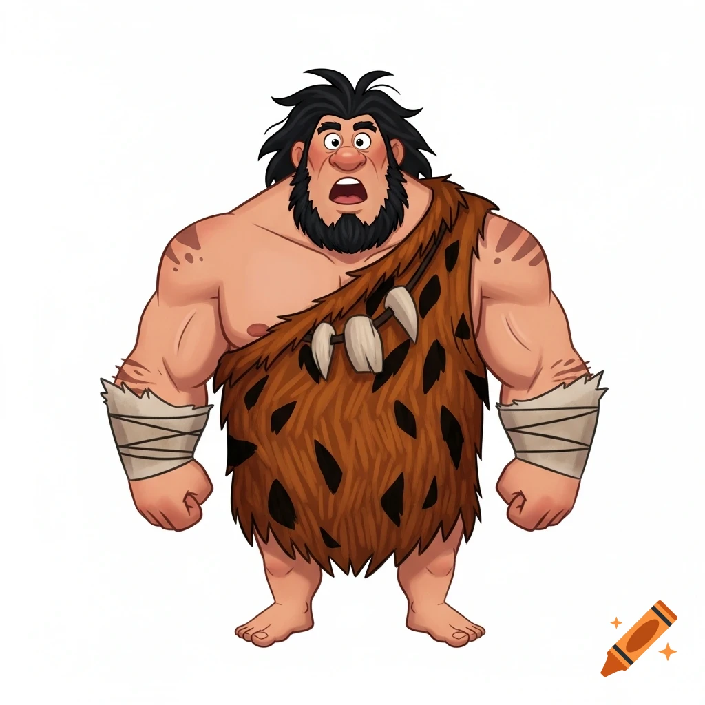 A muscular 2D cartoon caveman with a beard, messy black hair, and fur clothing stands with a surprised expression on a white background.