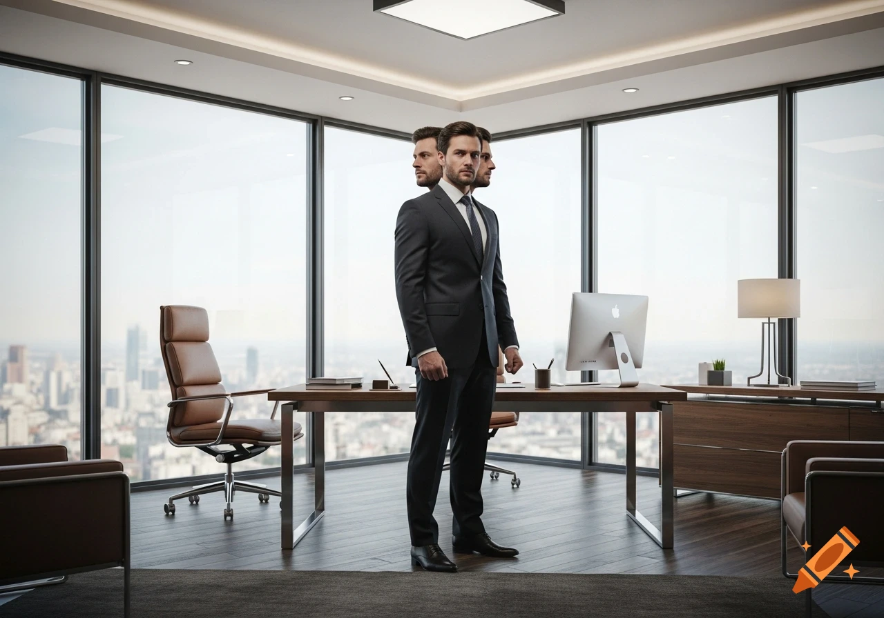 Photorealistic image of a man in a suit with three heads standing in a modern office with city views.